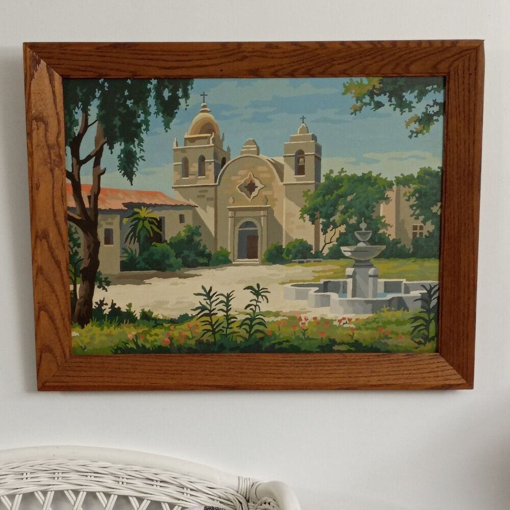 Large 27.5x21.5 Vintage Carmel Mission Basilica Painting in Wood Frame